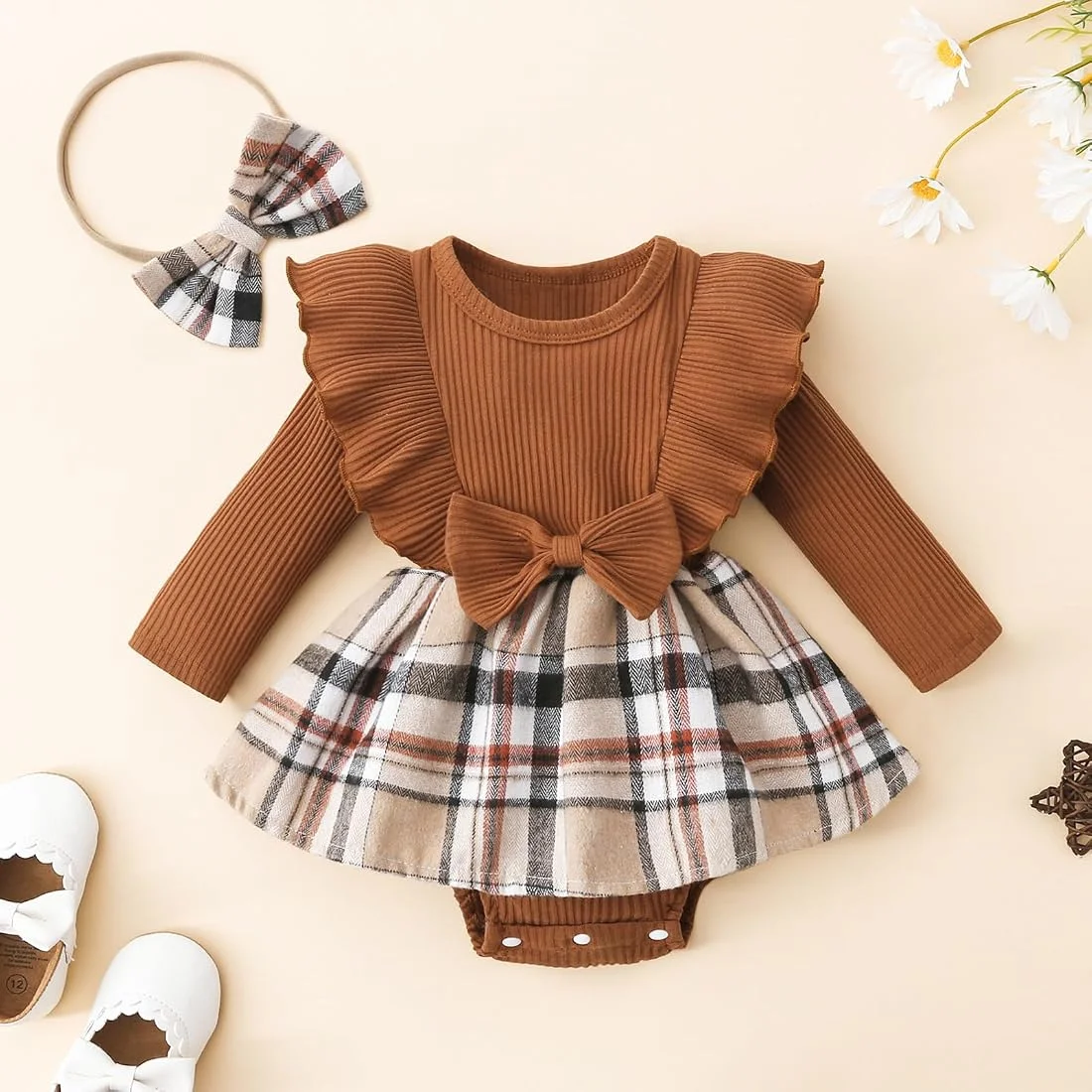 Newborn Brown Plaid Dress Set