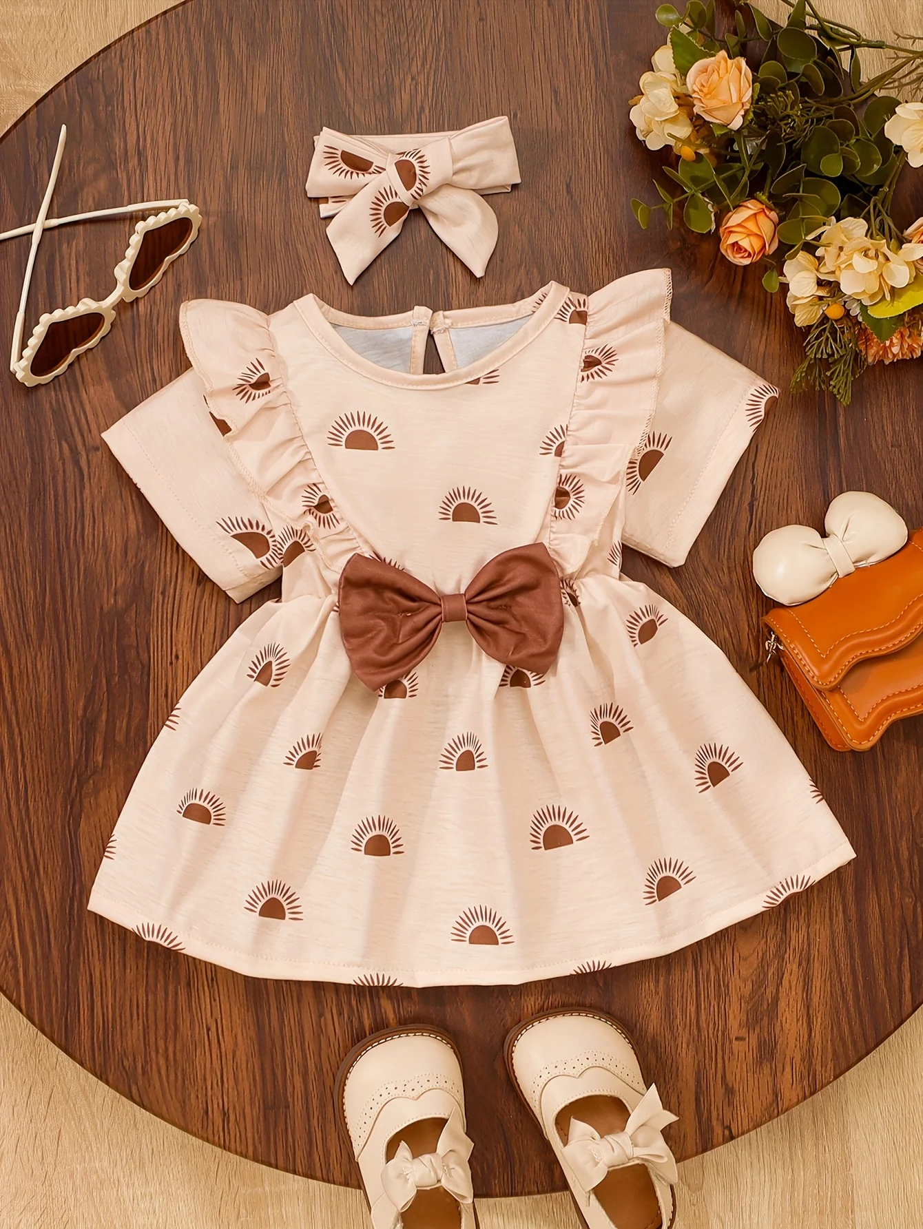 Newborn Cream Printed Dress with Headband